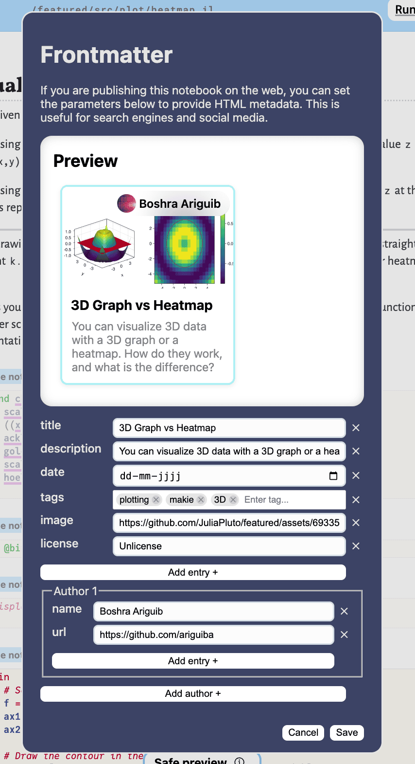 Screenshot of the frontmatter editor